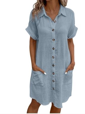 Gauzy 100% Cotton Button Down Shirt Dress Medium Baby Blue Coastal Beachy